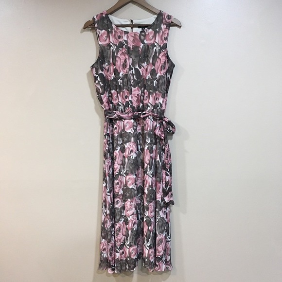 MSK Dresses & Skirts - MSK Floral Midi Dress Sz 10 Pink Gray Cottage Romantic Feminine Wedding Guest